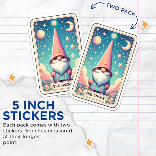(2 Pack) The Gnome Stickers - Cute Cartoon Stickers - Gnome and Stars Stickers - 5" On Longest Side - Sticks to Smooth Flat Surfaces - Made in USA - BMCS5417