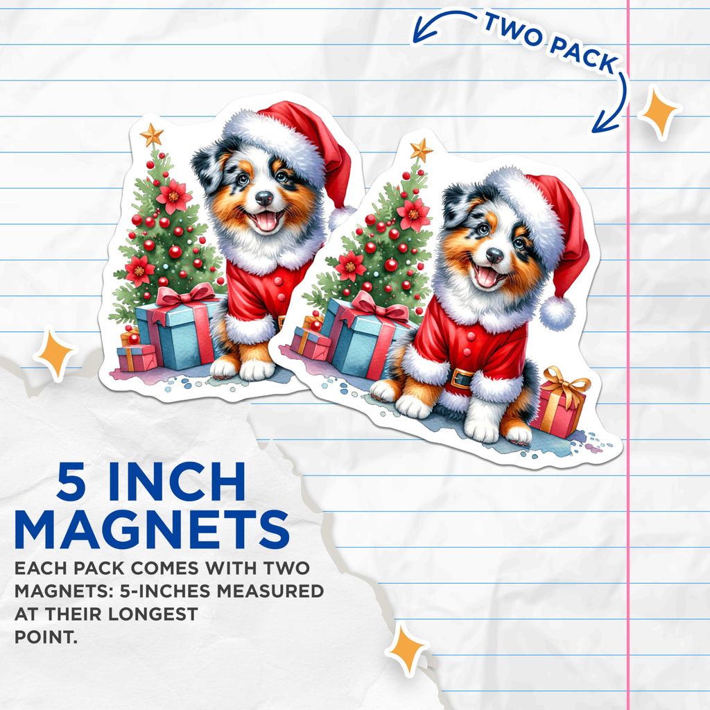 (2 Pack) Santa Puppy Christmas Magnets - Adorable Dog Holiday Refrigerator Decor - Festive Pet Lover Accessory for Xmas - 5 Inches On Longest Side - Thick Durable Magnet - Made in USA - MAG30189