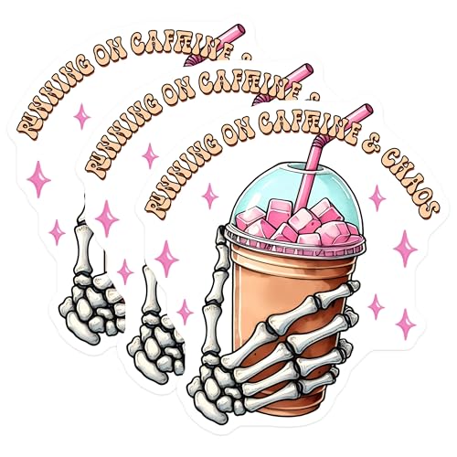 (3 Pack) Running on Caffeine Decals - Skeleton Hand Iced Coffee - Laptop Decals - 3 Inches On Longest Side - Easy Peel & Apply - Made in USA - 3MCS8532