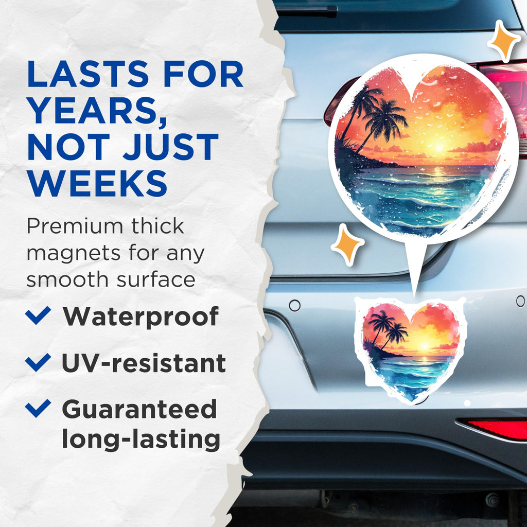 (2 Pack) Beach Sunset Magnets - Heart Shaped Tropical Ocean Scene - Palm Tree Island Artwork for Refrigerator Whiteboard - 5 Inches On Longest Side - Thick Durable Magnet - Made in USA - MAG25273