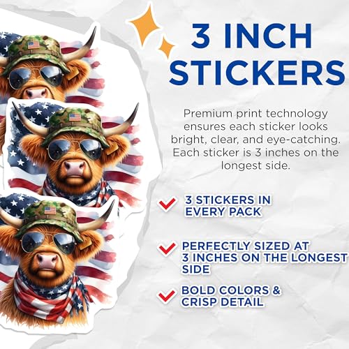 (3 Pack) American Cow Decals - Patriotic Animal - USA Flag Art - Laptop Decal- 3 Inches On Longest Side - Easy Peel & Apply - Made in USA - 3MCS5102