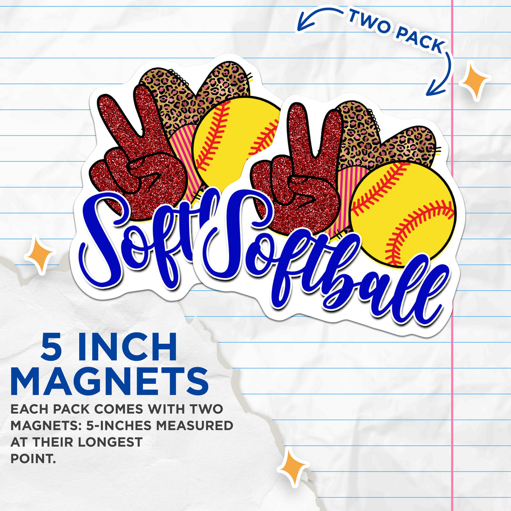 (2 Pack) Softball Magnets - Peace Sign Glitter Design - Leopard Print Player Coach Team Decor - 5 Inches On Longest Side - Thick Durable Magnet - Made in USA - MAG38139