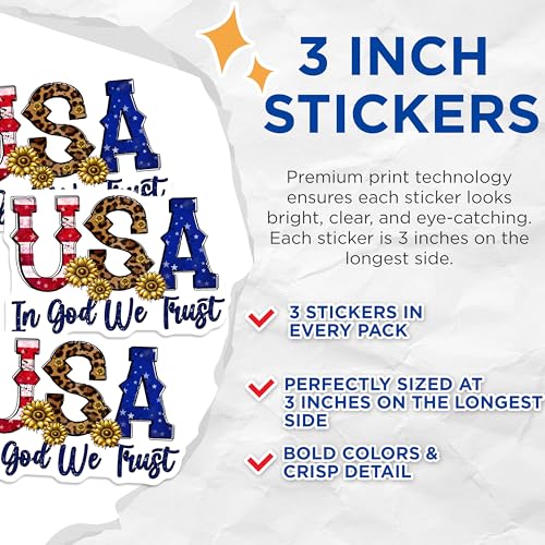 (3 Pack) USA Flag Decals - Leopard Print - in God We Trust Stickers - 3 Inches On Longest Side - Easy Peel & Apply - Made in USA - 3MCS6644
