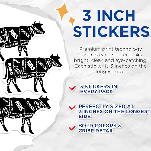 (3 Pack) Cow Cuts Decals - Butcher Diagram - Livestock Cattle Decals - 3 Inches On Longest Side - Easy Peel & Apply - Made in USA - 3MCS7982