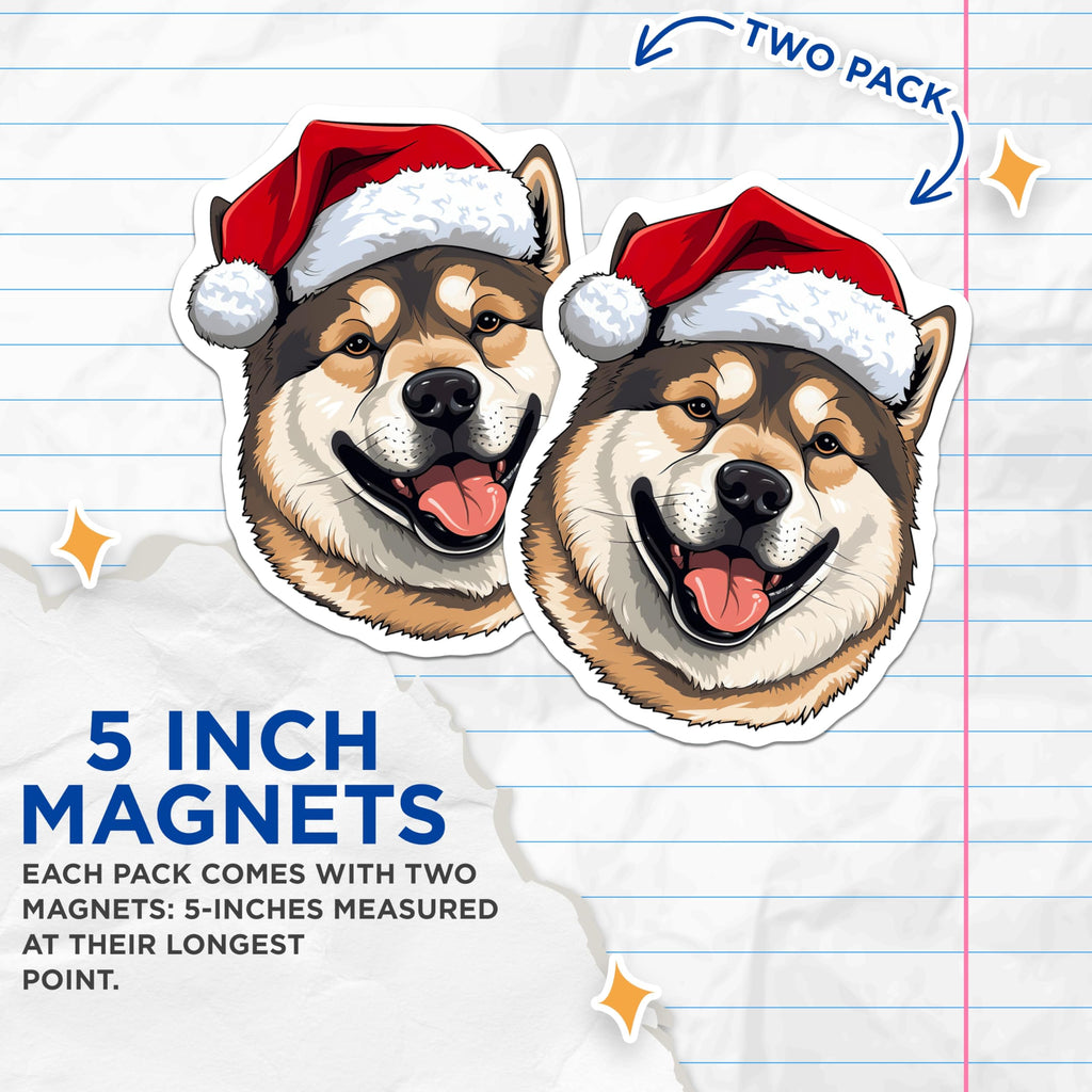(2 Pack) Christmas Dog Magnets - Santa Hat Pup Akita Shiba Refrigerator Decor - Cute Dog Lover Holiday Magnet - 5 Inches On Longest Side - Thick Durable Magnet - Made in USA - MAG25910
