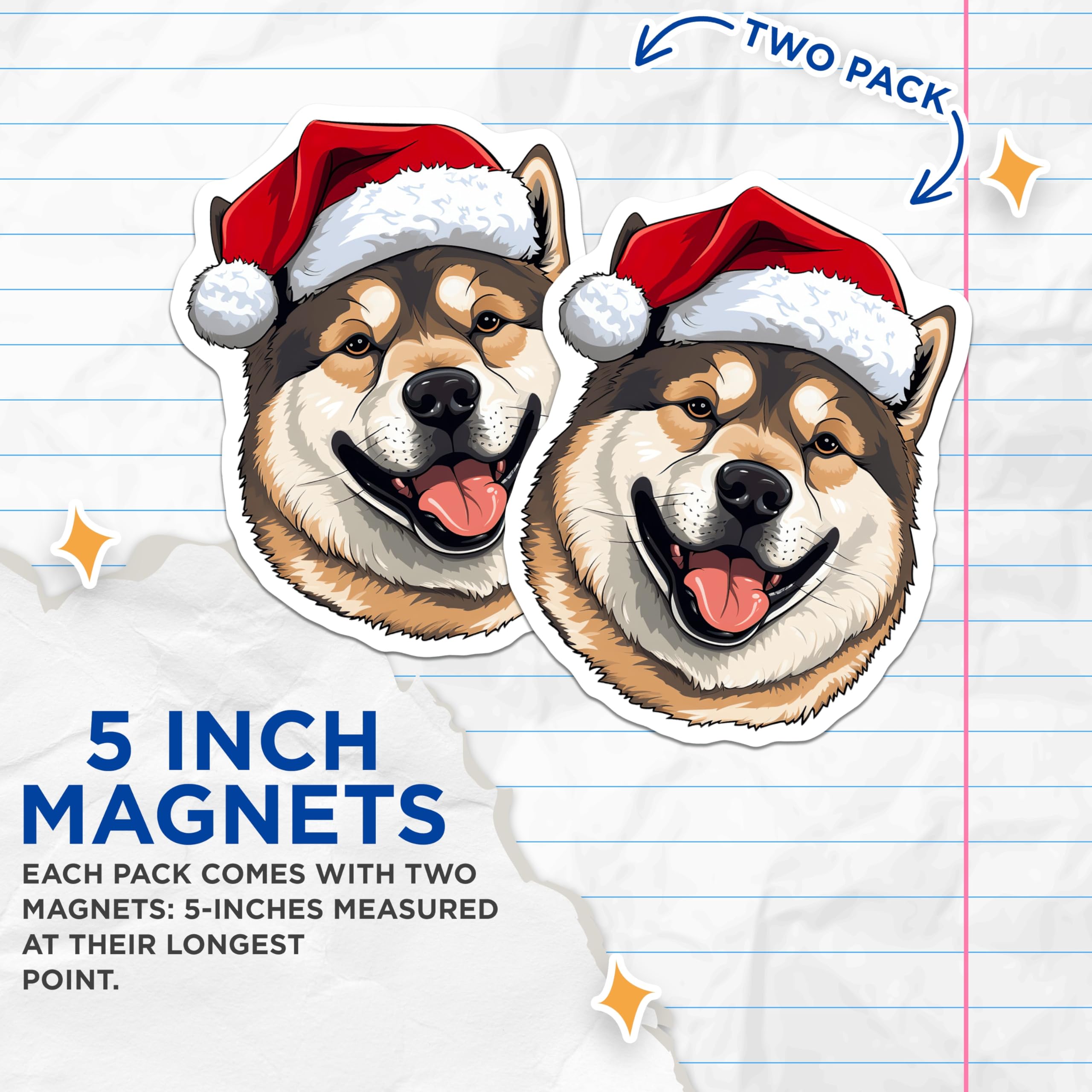 (2 Pack) Christmas Dog Magnets - Santa Hat Pup Akita Shiba Refrigerator Decor - Cute Dog Lover Holiday Magnet - 5 Inches On Longest Side - Thick Durable Magnet - Made in USA - MAG25910