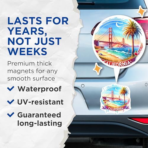 (2 Pack) California Magnets - Golden Gate Bridge Art - California Souvenir - Travel Memorabilia - Beach and Palm Tree Scene - 5" On Longest Side - for Cars, Fridges, Toolboxes - Made in USA - MAG7028
