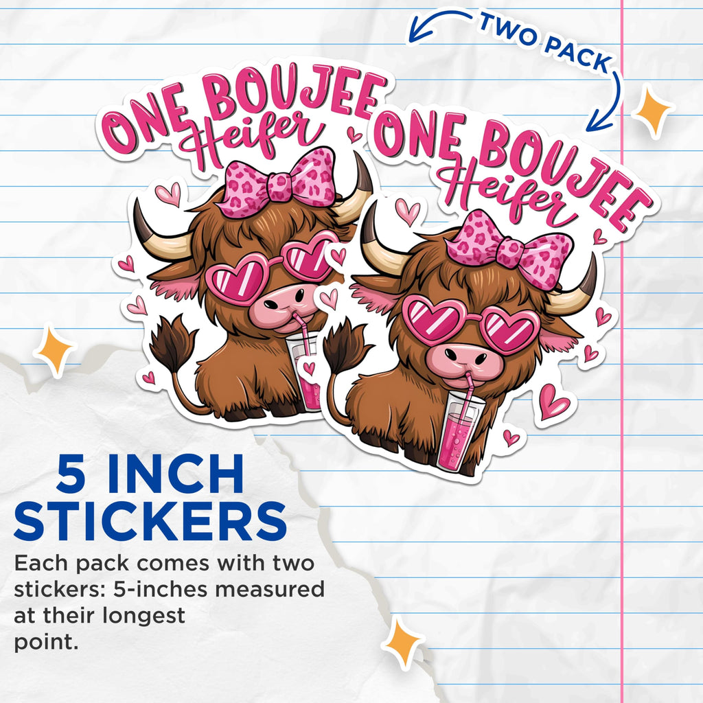 (2 Pack) One Boujee Heifer Stickers - Funny Cow Stickers - Cute Animal Stickers - 5" On Longest Side - Sticks to Any Smooth Flat Surface - Made in USA - BMCS3022