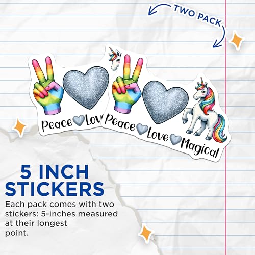 (2 Pack) Peace Love Magical Stickers - Rainbow Unicorn - Glitter Heart - 5" On Longest Side - Sticks to Smooth Flat Surfaces - Made in USA - BMCS8058