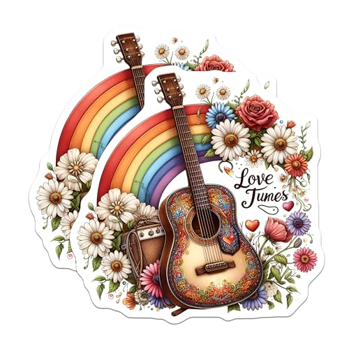 (2 Pack) Love Tunes Stickers - Retro Guitar Decal - 5" On Longest Side - Sticks to Smooth Flat Surfaces - Made in USA - BMCS8845 - BMCS8845