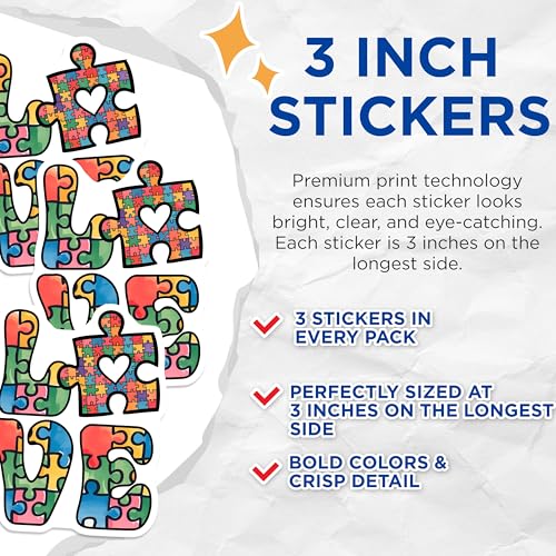 (3 Pack) Autism Awareness Decals - Puzzle Piece Love - Autism Support Decal - 3 Inches On Longest Side - Easy Peel & Apply - Made in USA - 3MCS7179