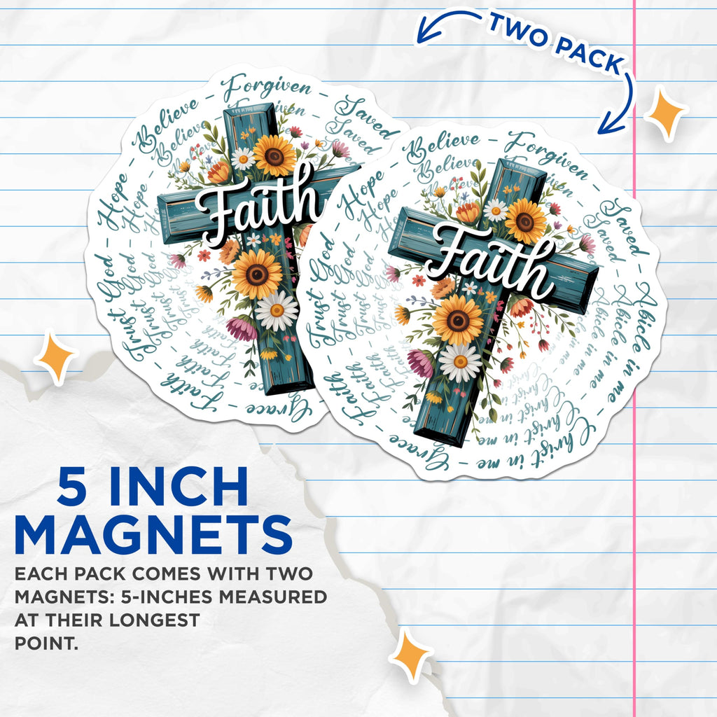 (2 Pack) Faith Cross Magnets - Christian Decor - Religious Fridge Magnets - 5" On Longest Side - Premium Magnet - for Cars, Refrigerators, Toolboxes, Lockers - Made in USA - MAG16526