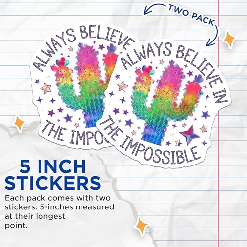 (2 Pack) Always Believe in The Impossible Stickers - Inspirational Quote - Motivational Cactus Decal - 5" On Longest Side - Sticks to Smooth Flat Surfaces - Made in USA - BMCS6389