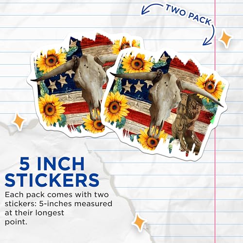 (2 Pack) Western Skull Stickers - Sunflower Decal - American Flag Sticker - 5" On Longest Side - Sticks to Smooth Flat Surfaces - Made in USA - BMCS5727