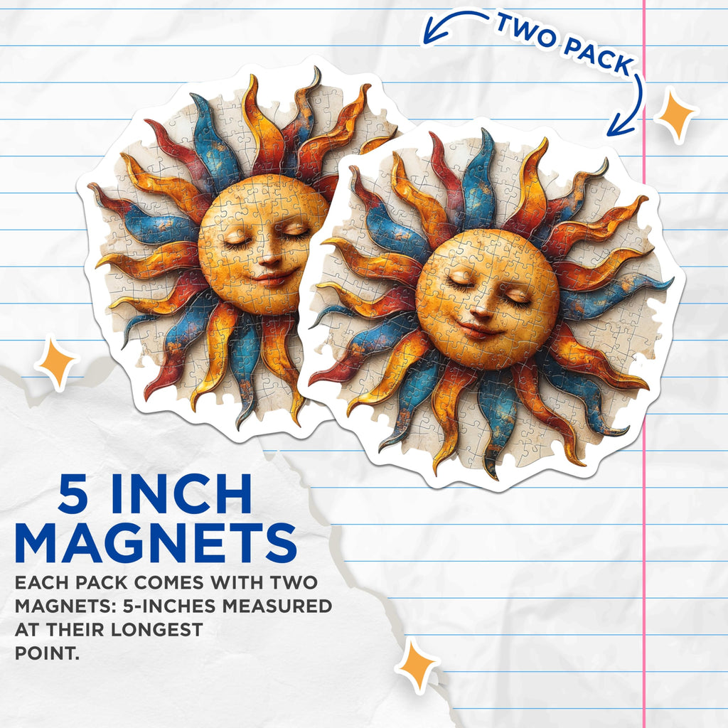 (2 Pack) Celestial Sun Face Magnets - Puzzle Art Design - Bohemian Kitchen Decor - 5 Inches On Longest Side - Thick Durable Magnet - Made in USA - MAG24238