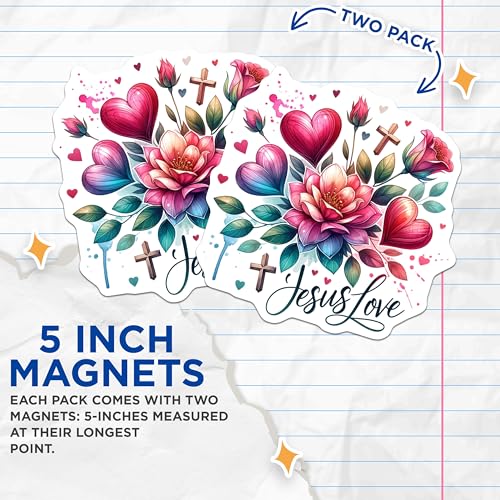 (2 Pack) Jesus Love Magnets - Floral Faith Design - Inspirational Christian Decor - 5" On Longest Side - for Cars, Fridges, Toolboxes - Made in USA - MAG7196