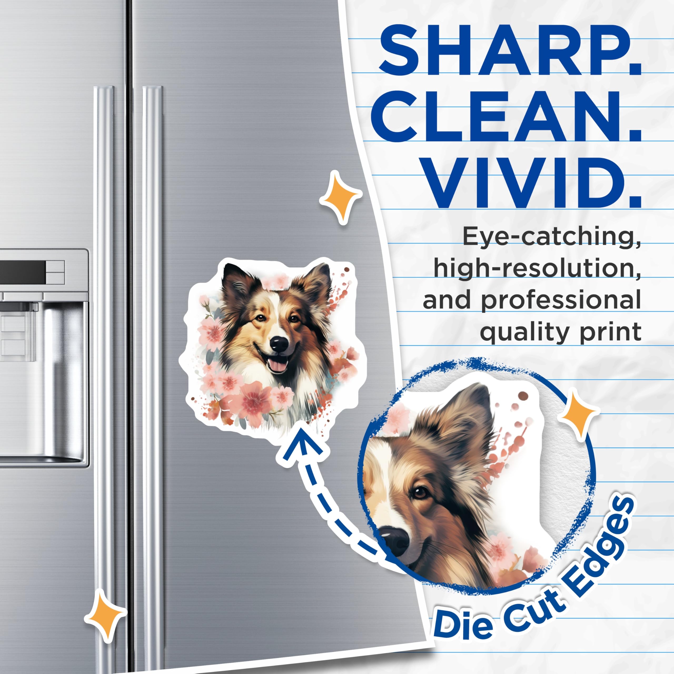 (2 Pack) Sheltie Magnets - Happy Floral Dog Art - Shetland Sheepdog Puppy Collectible - Pet Lover Home Decor Accent - 5 Inches On Longest Side - Thick Durable Magnet - Made in USA - MAG23617