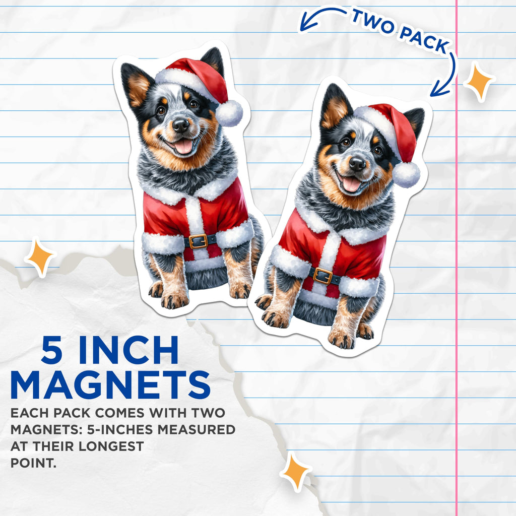 (2 Pack) Christmas Blue Heeler Magnets - Santa Dog Holiday Decor - Cattle Dog Lover Kitchen Fridge - 5 Inches On Longest Side - Thick Durable Magnet - Made in USA - MAG25112