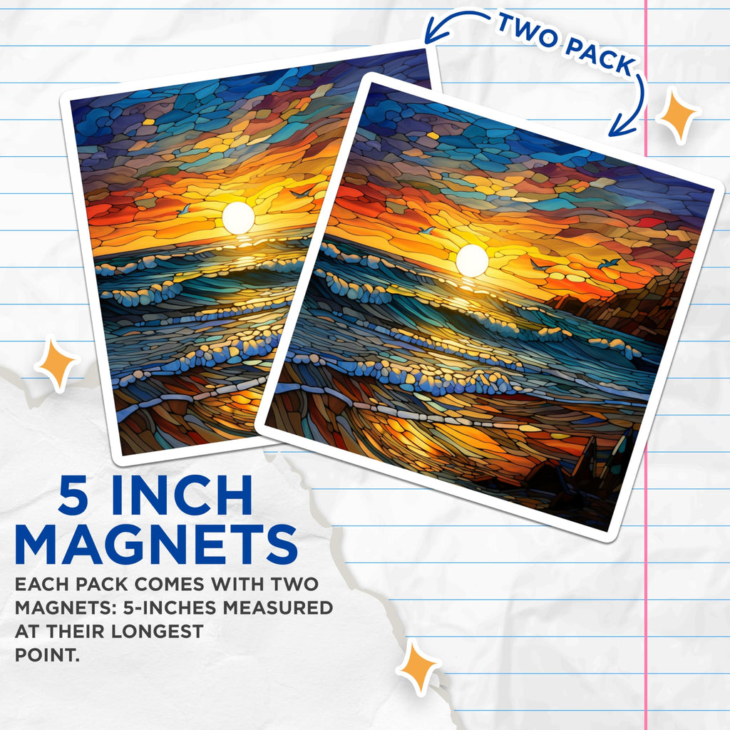 (2 Pack) Stained Glass Ocean Magnets - Sunset Beach Decor - Vibrant Mosaic Art - 5 Inches On Longest Side - Thick Durable Magnet - Made in USA - MAG29932