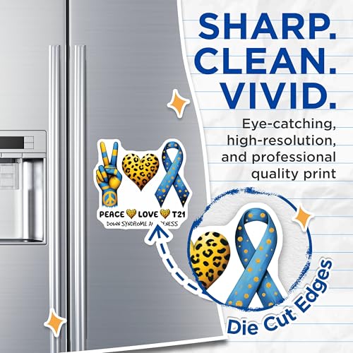 (2 Pack) Down Syndrome Awareness Magnets - Peace Love T21 Decor - Heart Ribbon Sticker - Support Symbol - 5" On Longest Side - for Cars, Fridges, Toolboxes - Made in USA - MAG8206