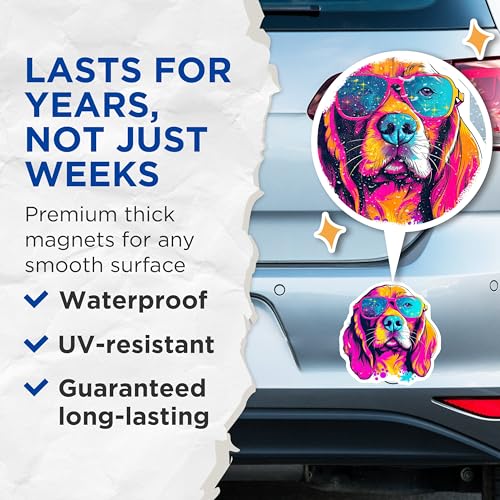 (2 Pack) Cool Dog Magnets - Funky Art Magnets - Bright Dog Magnets for Fridge - 5" On Longest Side - for Cars, Fridges, Toolboxes - Made in USA - MAG7239