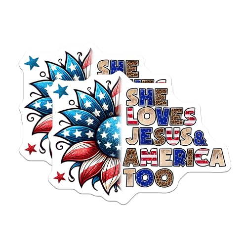 (2 Pack) She Loves Jesus and America Too Stickers - Patriotic Sunflower - Faith-Based Decals - 5" On Longest Side - Sticks to Smooth Flat Surfaces - Made in USA - BMCS7868