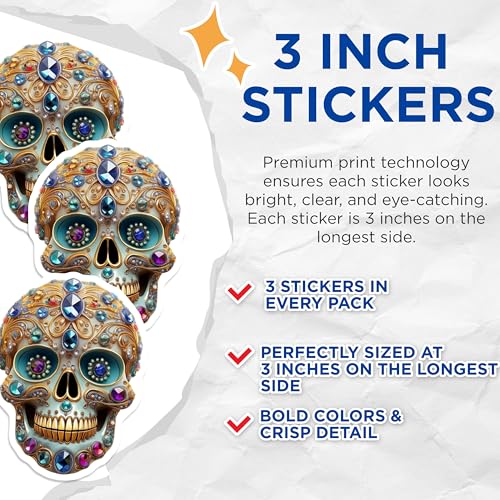 (3 Pack) Jeweled Skull Decals - Sugar Skull Art - Calavera Stickers - 3 Inches On Longest Side - Easy Peel & Apply - Made in USA - 3MCS7370