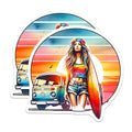 (2 Pack) Surfer Girl Stickers - Retro Van - Beach Vibes Decals - 5" On Longest Side - Sticks to Smooth Flat Surfaces - Made in USA - BMCS8882