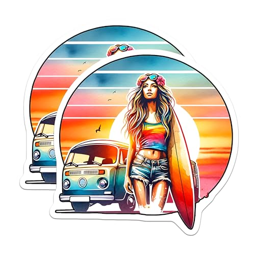 (2 Pack) Surfer Girl Stickers - Retro Van - Beach Vibes Decals - 5" On Longest Side - Sticks to Smooth Flat Surfaces - Made in USA - BMCS8882
