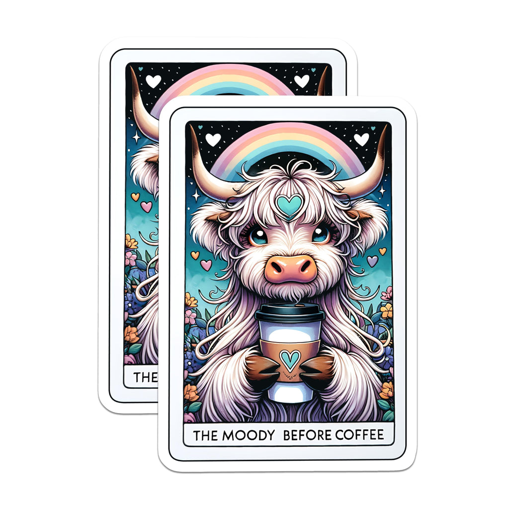(2 Pack) Moody Before Coffee Stickers - Cute Highland Cow Art Stickers - Colorful Rainbow Stickers - 5" On Longest Side - Sticks to Smooth Flat Surfaces - Made in USA - BMCS4665