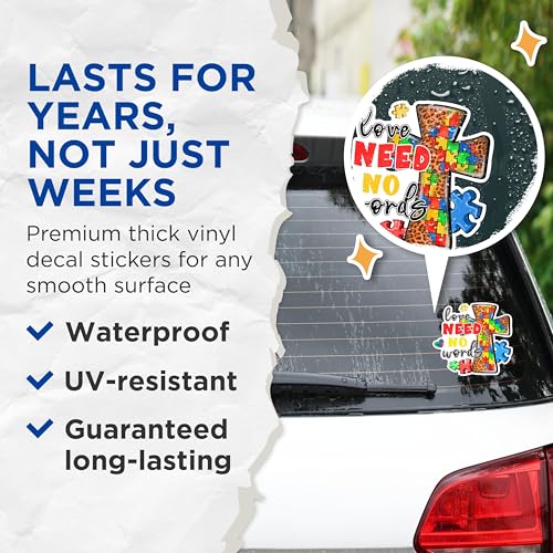 (2 Pack) Autism Awareness Stickers - Love Need No Words Stickers - Puzzle Pieces Cross Sticker - 5" On Longest Side - Sticks to Any Smooth Flat Surface - Made in USA - BMCS2980