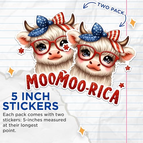 (2 Pack) Patriotic Cow Stickers - Independence Day Animal Stickers - Moo-rica Cute Cow Stickers - 5" On Longest Side - Sticks to Any Smooth Flat Surface - Made in USA - BMCS2716