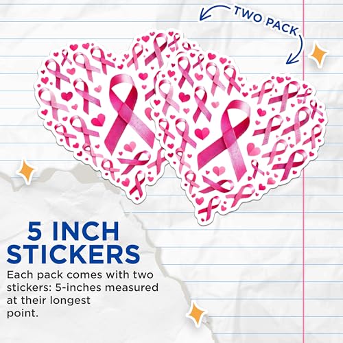 (2 Pack) Pink Ribbon Heart Stickers - Breast Cancer Awareness Stickers - Support Hope Love Decal - 5" On Longest Side - Sticks to Any Smooth Flat Surface - Made in USA - BMCS2869