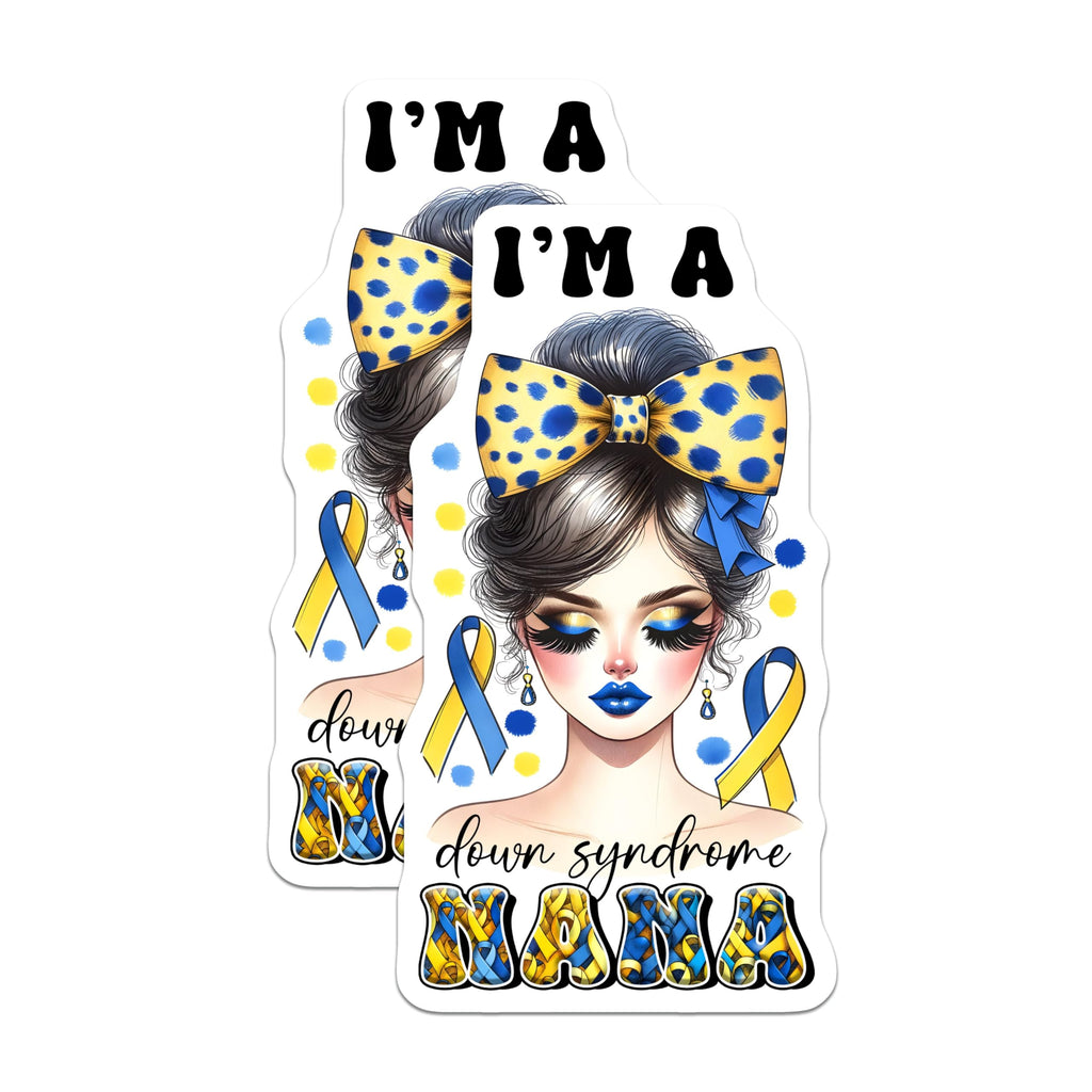(2 Pack) Down Syndrome Mama Magnets - Blue and Yellow Ribbon Decor - Awareness Support - 5" On Longest Side - for Cars, Fridges, Toolboxes - Made in USA - MAG8197