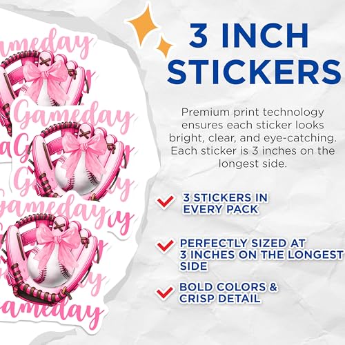 (3 Pack) Pink Baseball Decals - Gameday Softball - Sports Decals - 3 Inches On Longest Side - Easy Peel & Apply - Made in USA - 3MCS2180