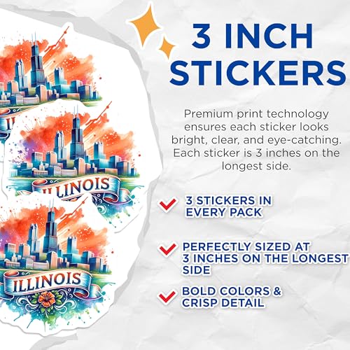 (3 Pack) Illinois Decals - Chicago Skyline - State Pride- 3 Inches On Longest Side - Easy Peel & Apply - Made in USA - 3MCS5771