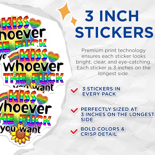 (3 Pack) Kiss Whoever Decals - LGBT Decal - Pride Decal - 3 Inches On Longest Side - Easy Peel & Apply - Made in USA - 3MCS7955