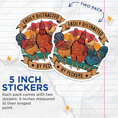 (2 Pack) Easily Distracted by Peckers Stickers - Funny Chicken Stickers - Humorous Farm Animal Decals - 5" On Longest Side - Sticks to Any Smooth Flat Surface - Made in USA - BMCS3429