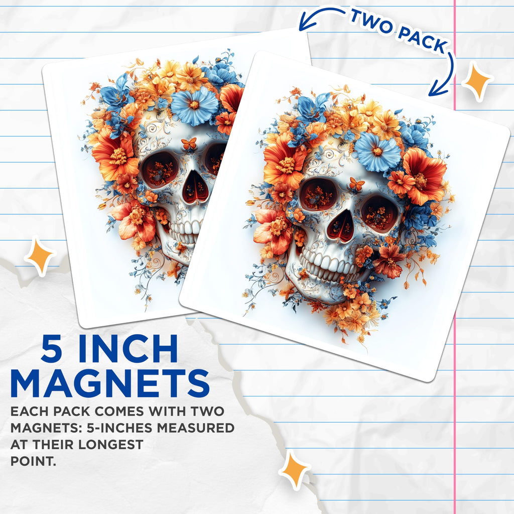 (2 Pack) Floral Sugar Skull Magnets - Day of the Dead Decor - Calavera Art Collection - 5 Inches On Longest Side - Thick Durable Magnet - Made in USA - MAG28255