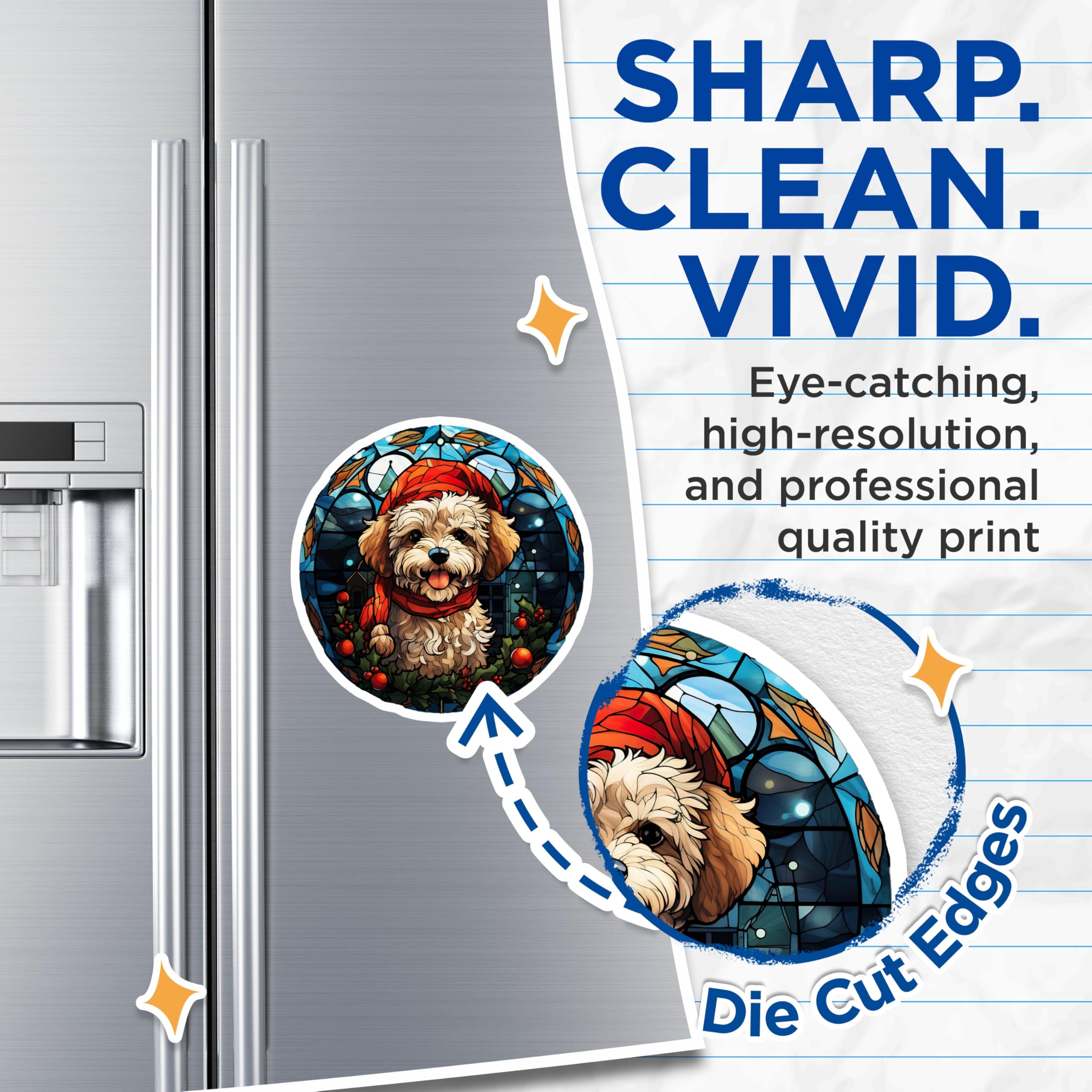 (2 Pack) Christmas Dog Magnets - Stained Glass Puppy Artwork - Festive Pet Refrigerator Decor - Winter Holiday Animal Scene - 5 Inches On Longest Side - Thick Durable Magnet - Made in USA - MAG23400