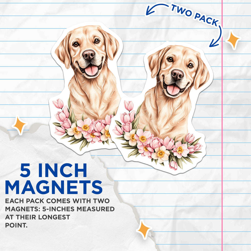 (2 Pack) Golden Retriever Magnets - Spring Floral Dog Art - Cute Pet Owner Fridge Decor - 5 Inches On Longest Side - Thick Durable Magnet - Made in USA - MAG38856