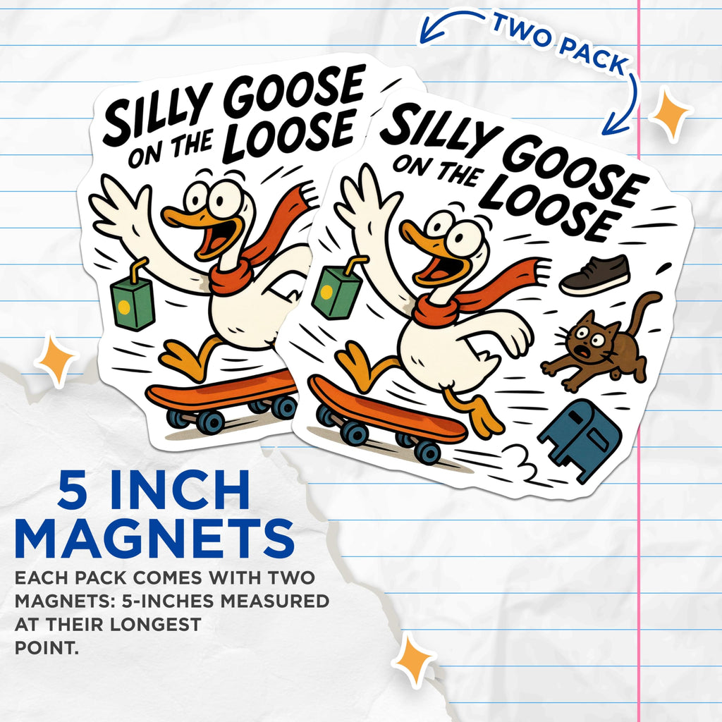 (2 Pack) Silly Goose On The Loose Magnets - Humorous Cartoon Animal Refrigerator Magnet - Skateboard Goose Cat Mailbox Scene - 5 Inches On Longest Side - Thick Durable Magnet - Made in USA - MAG22215