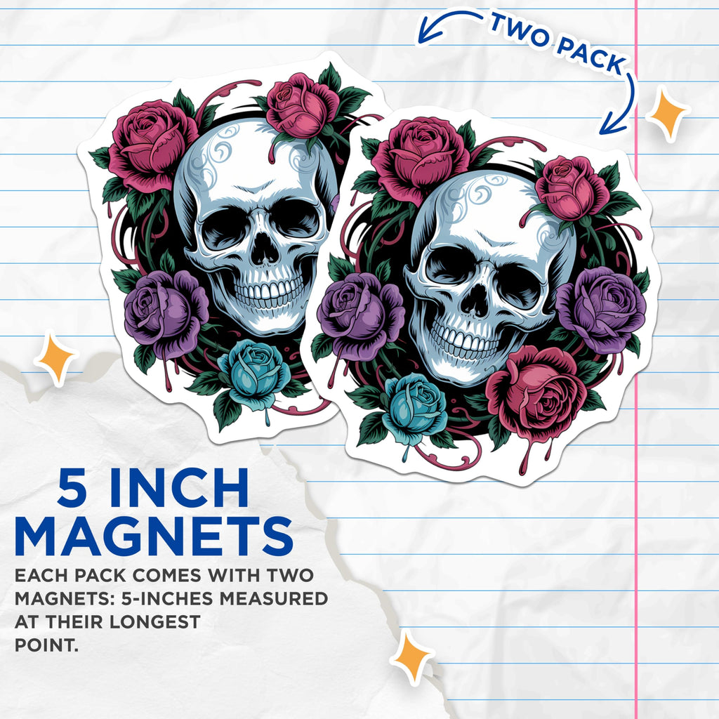 (2 Pack) Skull Rose Magnets - Gothic Floral Art Decor - Macabre Aesthetic Fridge Magnets - Dark Academia Locker Accessory - 5 Inches On Longest Side - Thick Durable Magnet - Made in USA - MAG21660