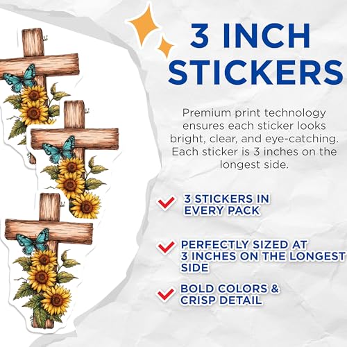 (3 Pack) Christian Cross Decals - Butterfly Sunflower - Religious Laptop Decal - 3 Inches On Longest Side - Easy Peel & Apply - Made in USA - 3MCS7500