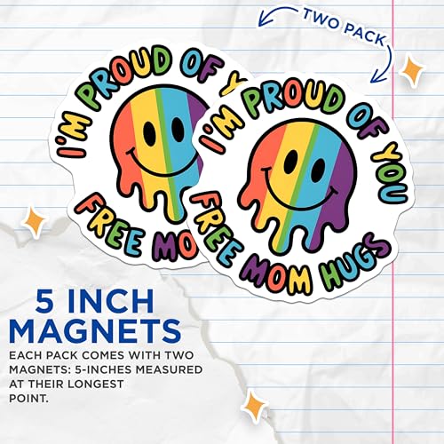 (2 Pack) I'm Proud of You Magnets - Free Mom Hugs - Rainbow Smiley Face - 5" On Longest Side - for Cars, Fridges, Toolboxes - Made in USA - MAG3901