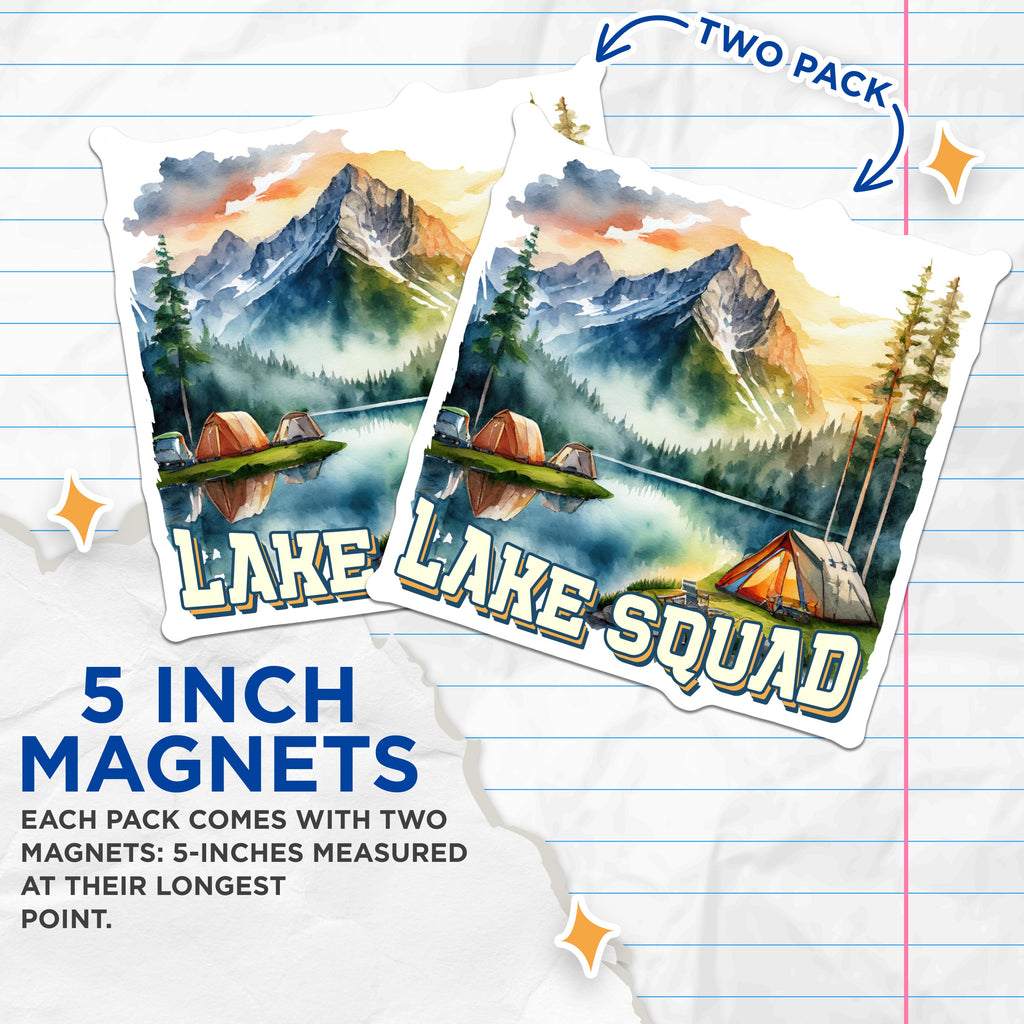 (2 Pack) Lake Squad Magnets - Mountain Camping Decor - Outdoor Adventure - Nature Enthusiast - 5 Inches On Longest Side - Thick Durable Magnet - Made in USA - MAG37679