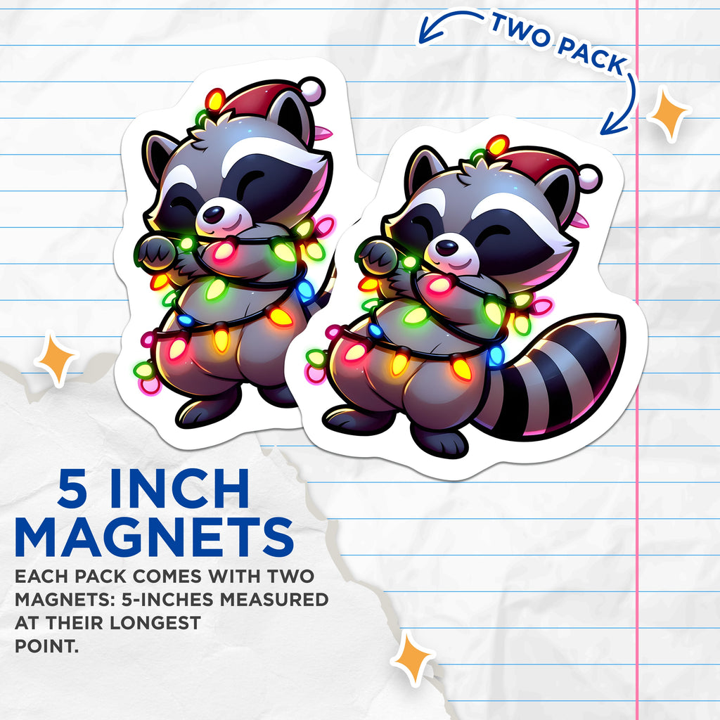 (2 Pack) Christmas Raccoon Magnets - Cute Holiday Animal Decor - Kawaii Festive Fridge Magnet - Winter Wonderland Critter - Stocking Stuffer - 5" - Thick Durable Magnet - Made in USA - MAG39178