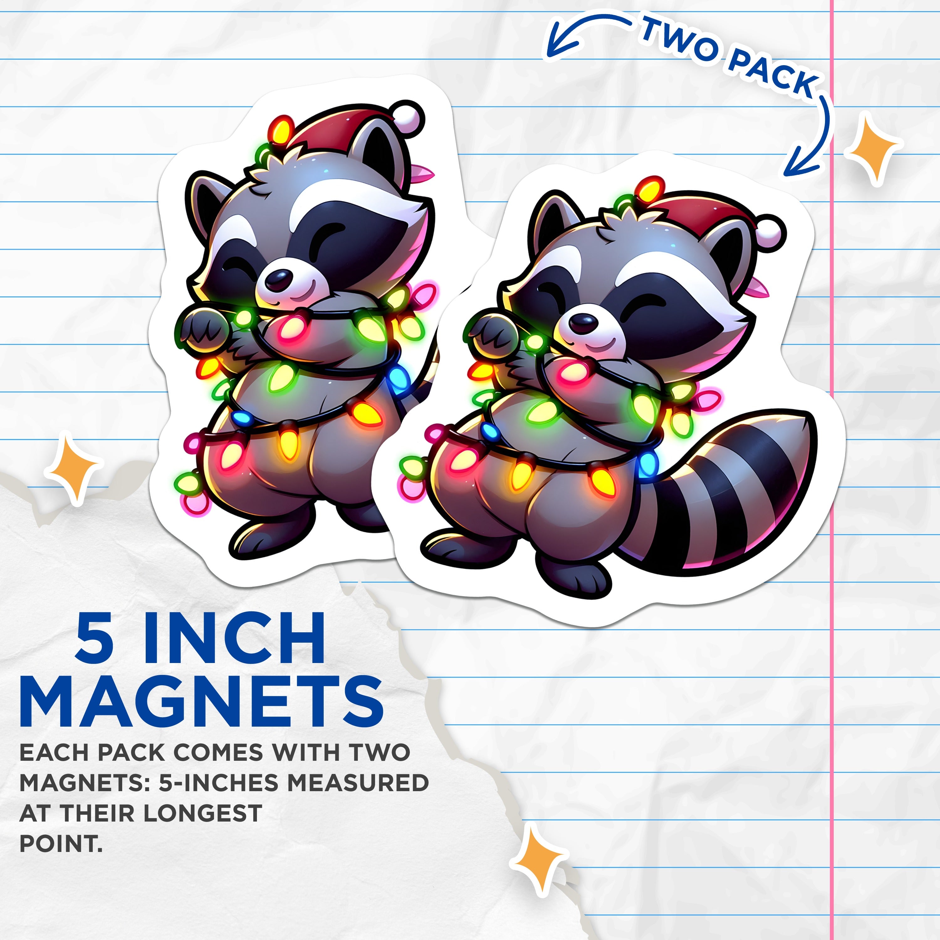 (2 Pack) Christmas Raccoon Magnets - Cute Holiday Animal Decor - Kawaii Festive Fridge Magnet - Winter Wonderland Critter - Stocking Stuffer - 5" - Thick Durable Magnet - Made in USA - MAG39178
