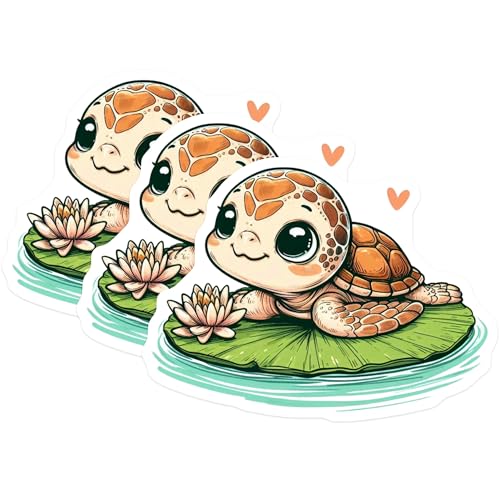 (3 Pack) Cute Turtle Decals - Baby Sea Turtle - Lotus Flower - 3 Inches On Longest Side - Easy Peel & Apply - Made in USA - 3MCS0096