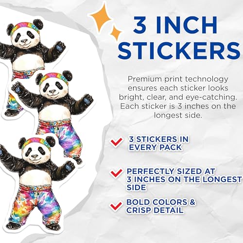 (3 Pack) Panda Bear Decals - Rainbow Tie Dye - Laptop Decals - 3 Inches On Longest Side - Easy Peel & Apply - Made in USA - 3MCS8265